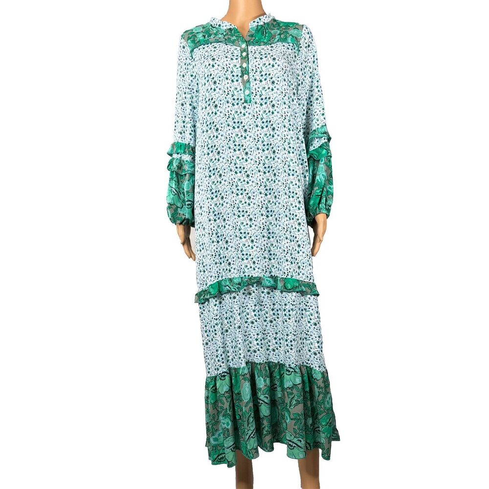 R Vivimos Long Bohemian Dress L Green Maxi Swim Cover Up Slits Ruffles Peasant